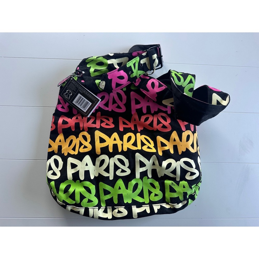 Robin Ruth Paris Graffiti Canvas Hobo Bag Neon Crossbody Black Souvenir NWT